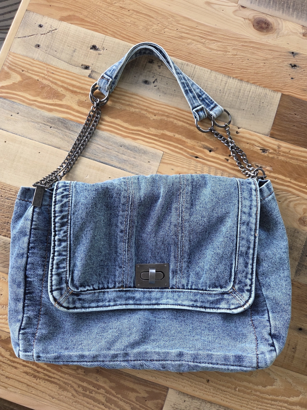 Denim Shoulder Bag with Adjustable Chain Strap - Light Blue